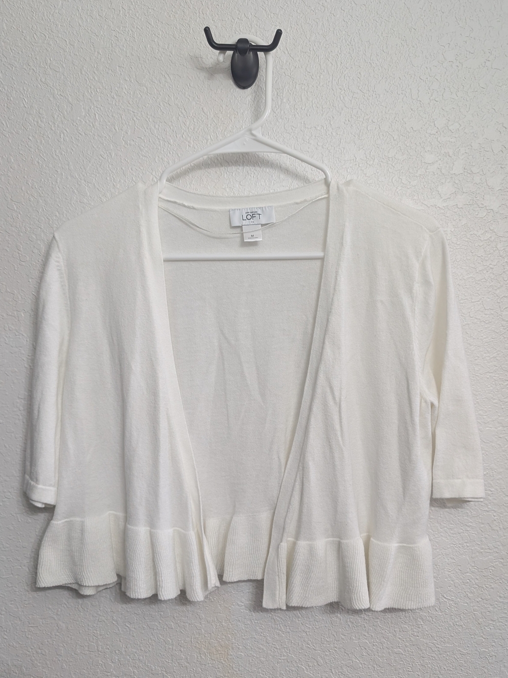 LOFT Cream Open-Front Ruffle-Hem Cardigan